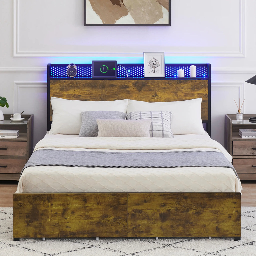 Queen Size Platform Bed Frame with Storage Headboard and 6 Drawers N587