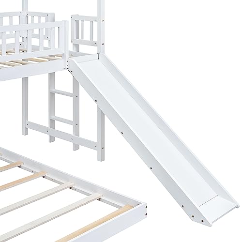 Twin Over Twin Solid Wood House Bunk Bed with Trundle and Slide L381862