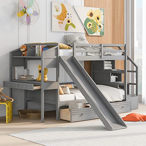 Twin Over Twin Solid Wood House Bunk Bed with Trundle and Slide L381862