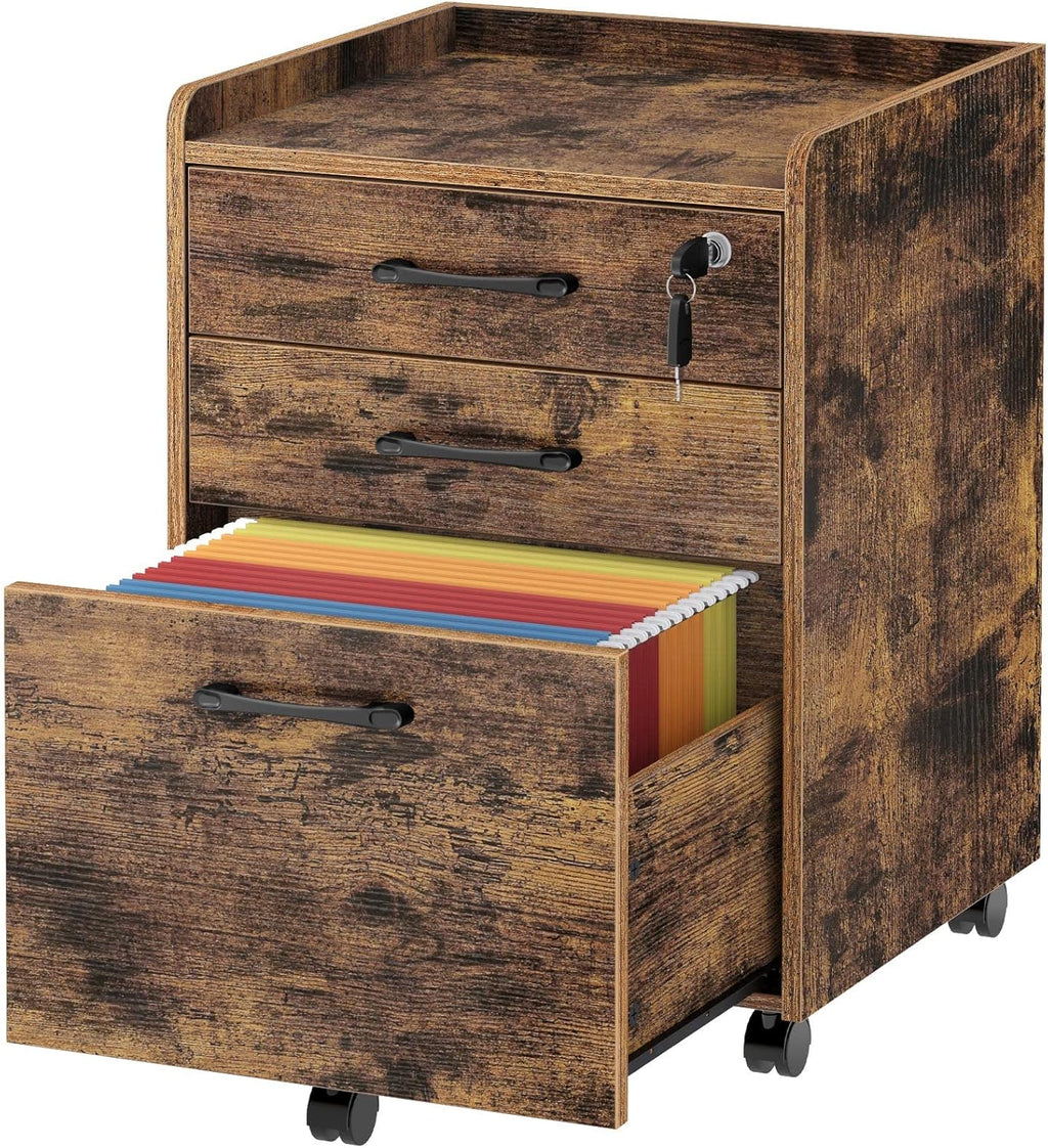 Rustic Brown 3 Drawer Rolling File Cabinet M999