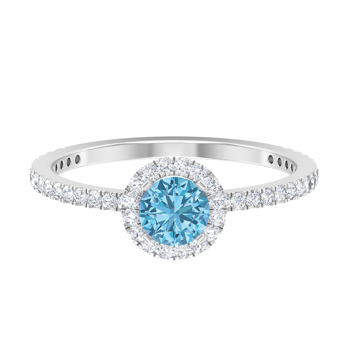 10K White Gold Aquamarine Ring with Diamond Halo C390