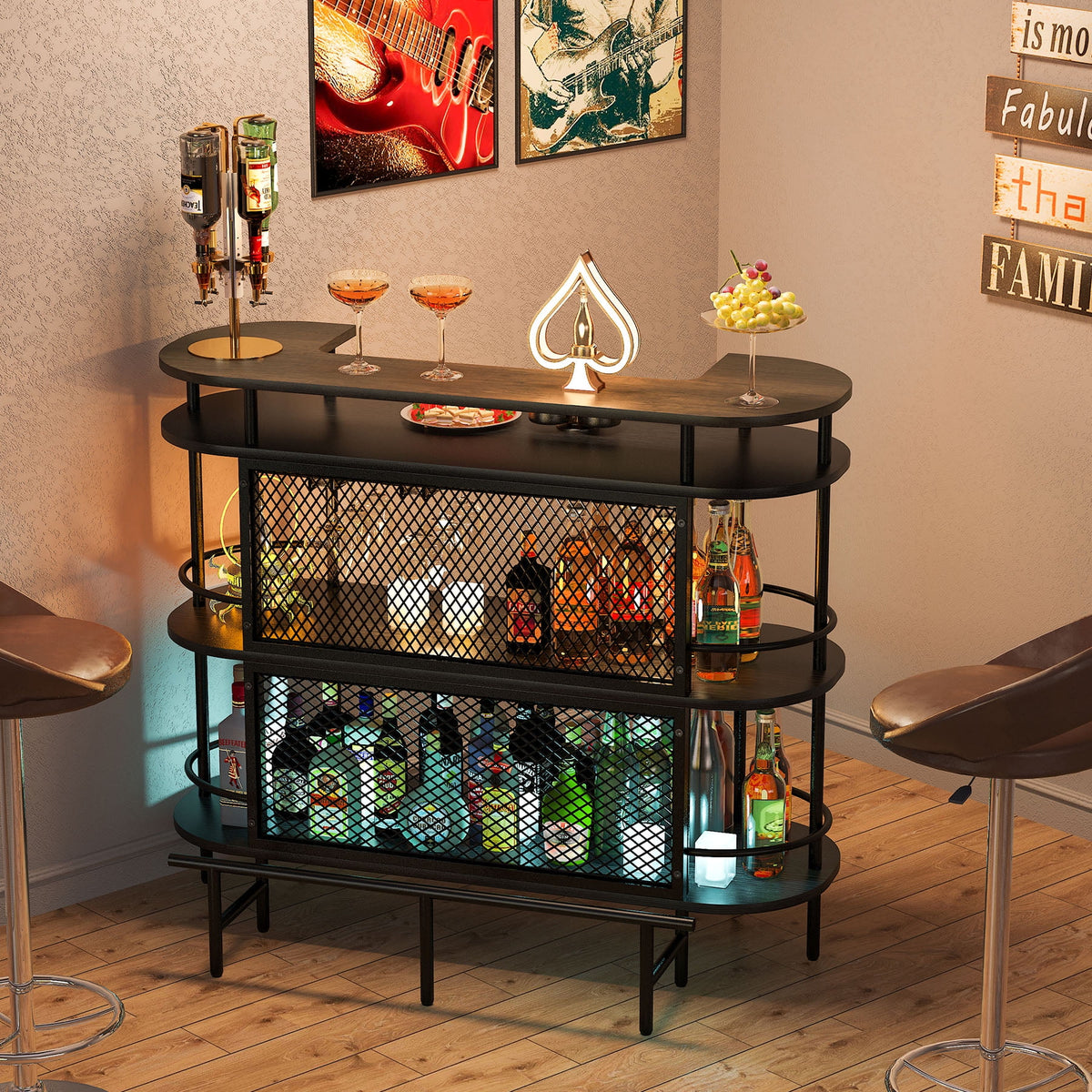 4 Tier Bar Cabinet with Storage Shelves and Footrest Y2638