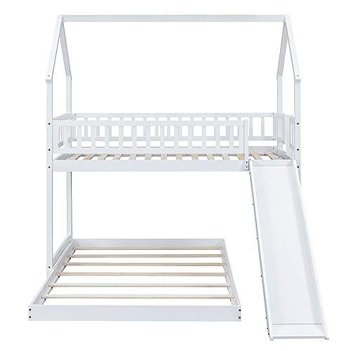 Twin Over Twin Solid Wood House Bunk Bed with Trundle and Slide L381862