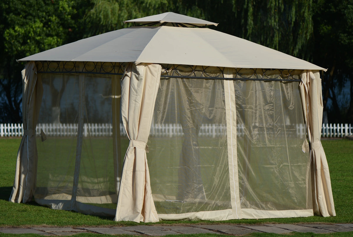 Beige Double Tiered Grill Canopy BBQ Gazebo Tent T97995