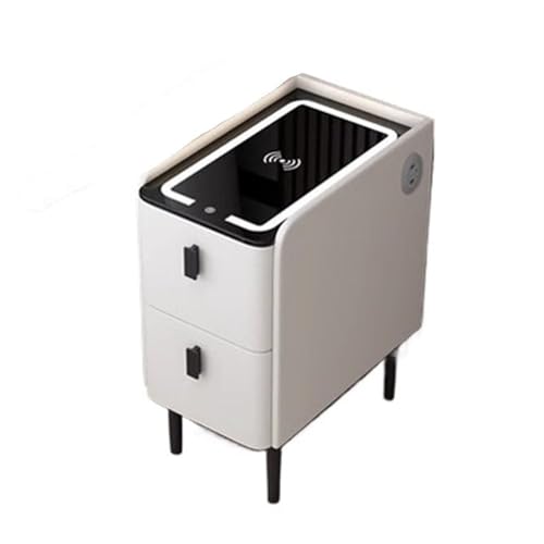 White Narrow Side Table with 2 Drawers and LED Light E268