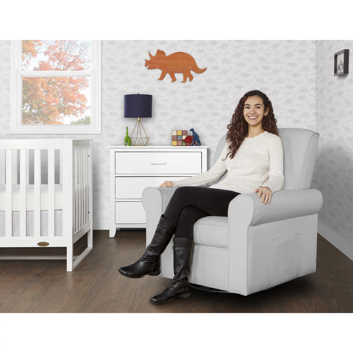 Gray Upholstered Swivel Glider Q49884