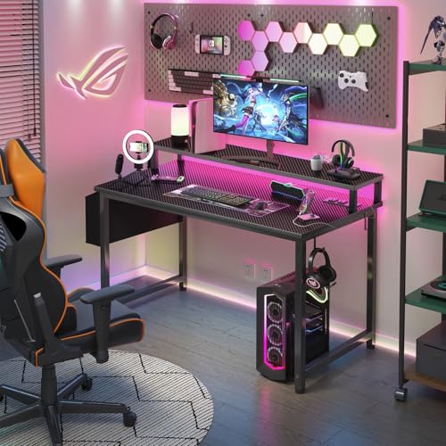 Black 40 Inch Gaming Desk with LED Lights and Power Outlets W26391