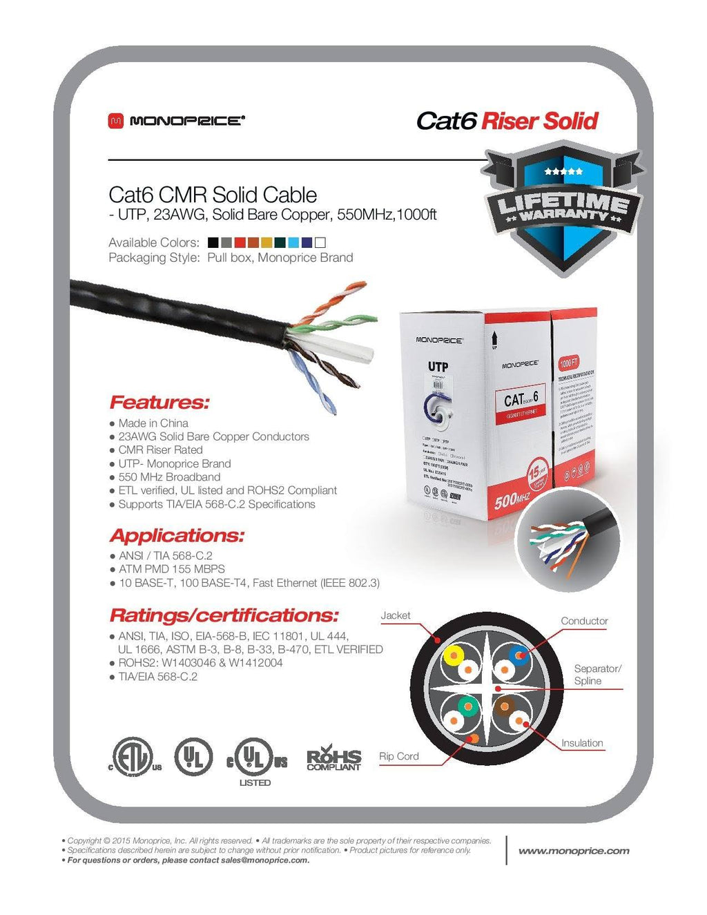 Red 1000ft 23AWG Cat6 UTP Solid Bulk Ethernet Cable F812930