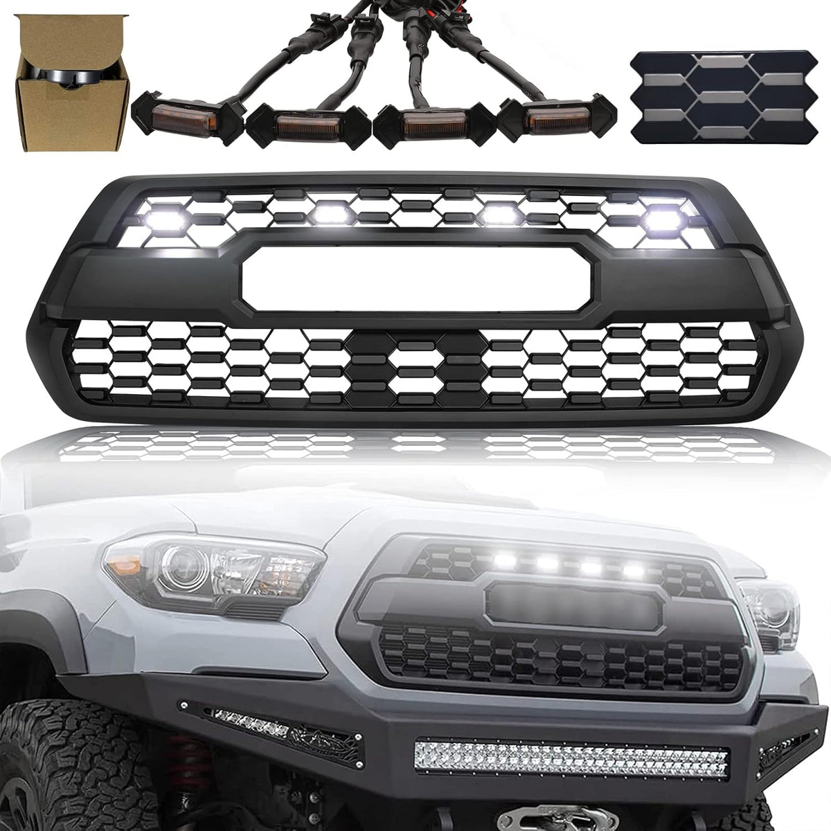 Bright Black Front Grill with Grey Letters and Amber Lights C5189