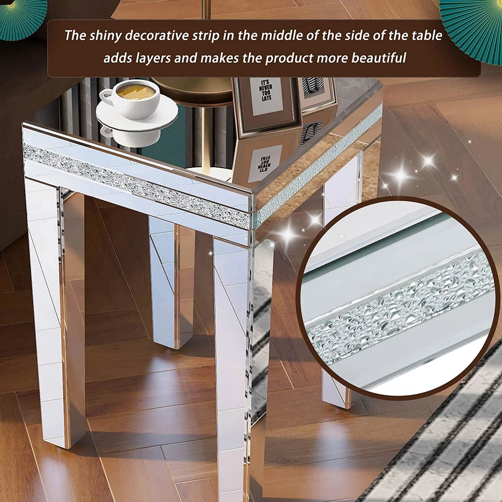 Modern Glass Mirrored Side Table with Crystal Design and Adjustable Height Legs P30301