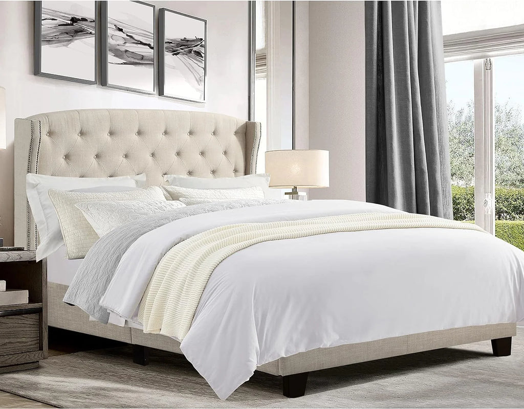 Beige Upholstered Platform Bed Frame with Wingback Headboard Q72118