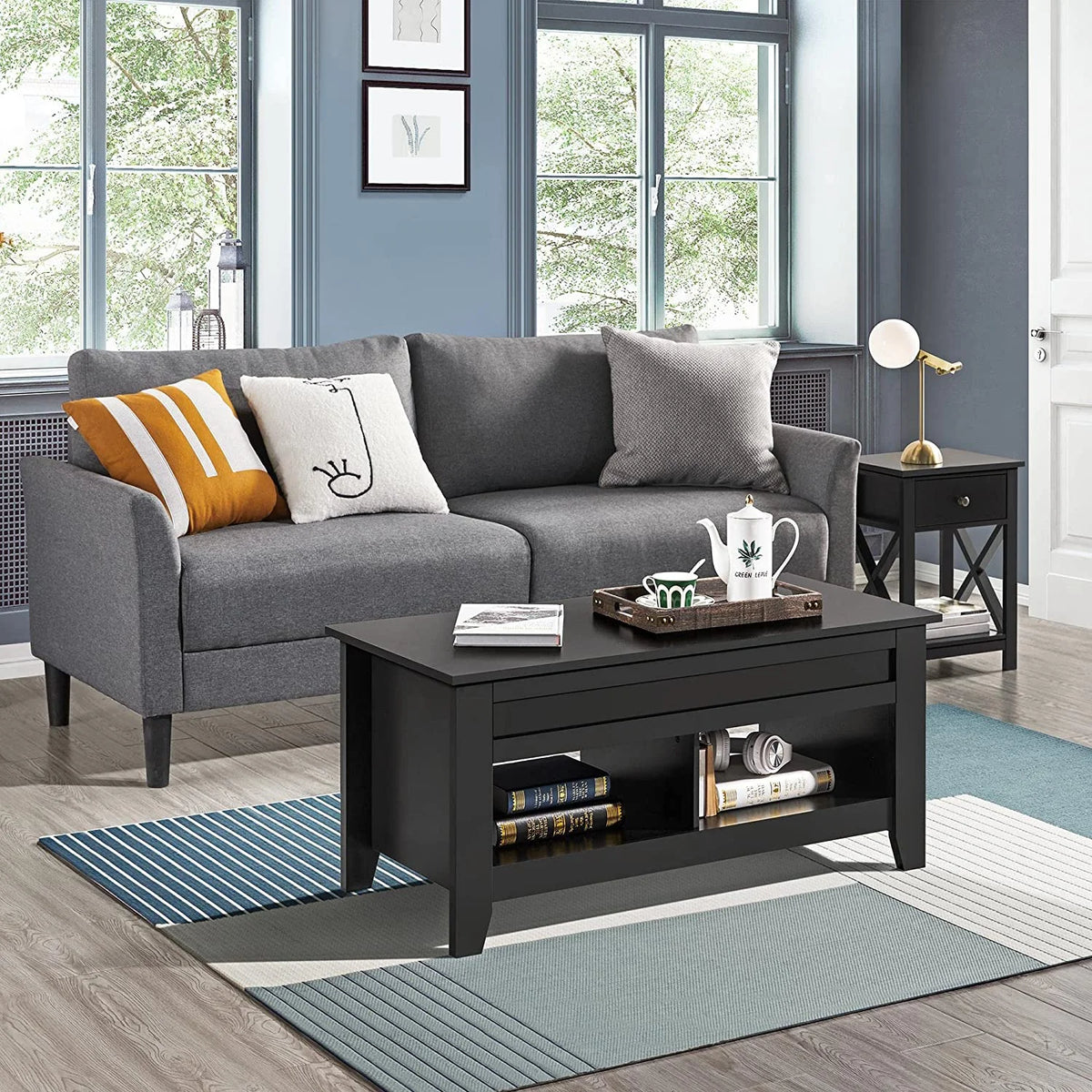 Black Lift Top Coffee Table with Hidden Storage Drawers H3669