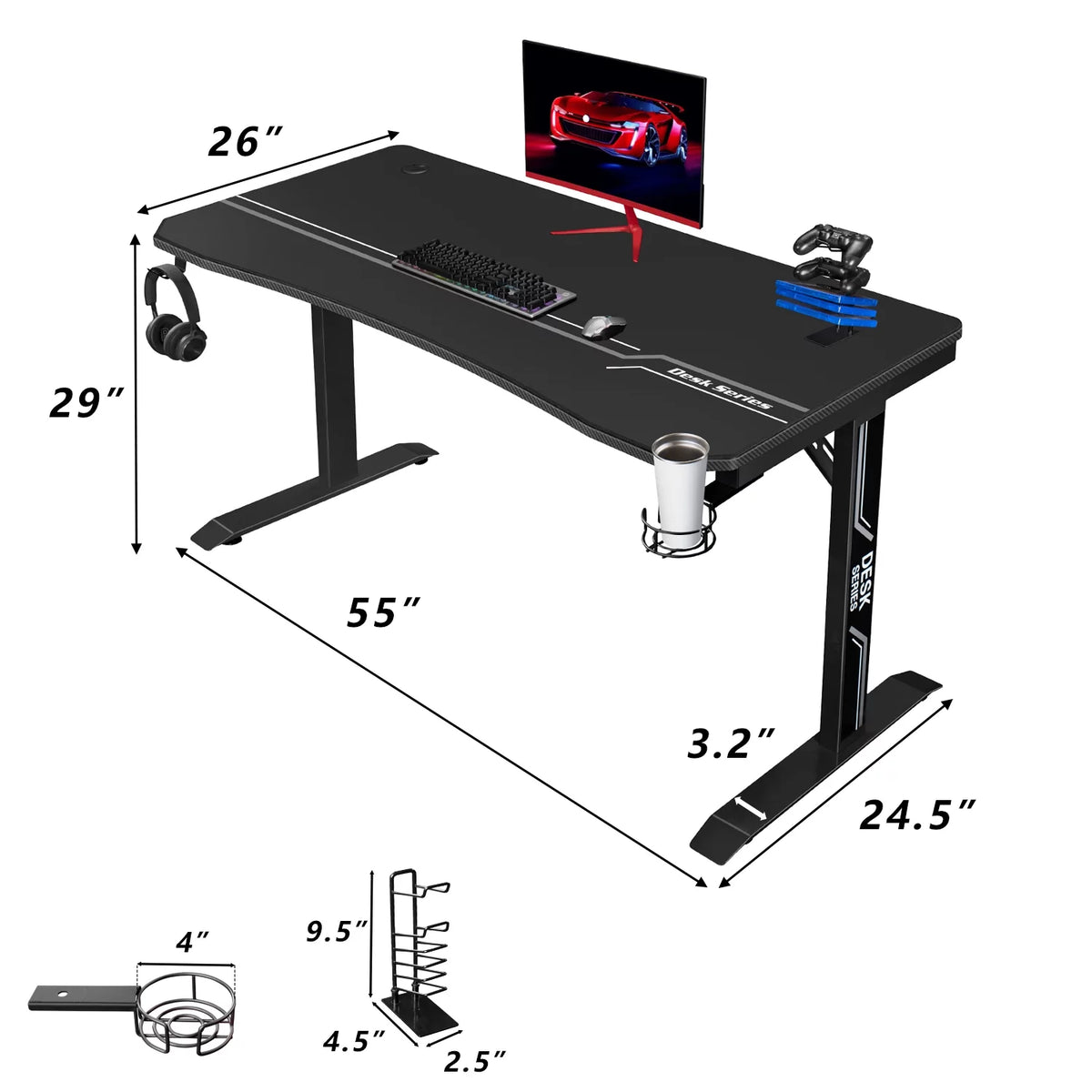 Black Gaming Computer Desk with Cup Holder and Headphone Hook Q401511