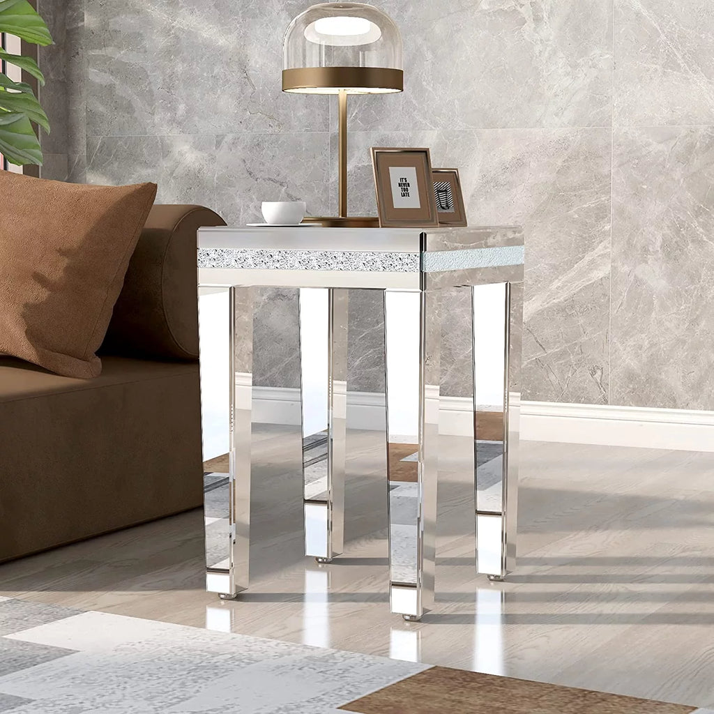 Modern Glass Mirrored Side Table with Crystal Design and Adjustable Height Legs P30301