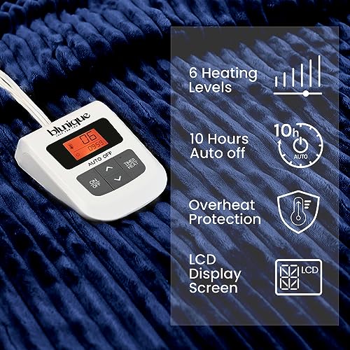 Navy Blue Queen Size Striped Electric Fleece Blanket with 6 Heat Levels and Auto-Off D60556