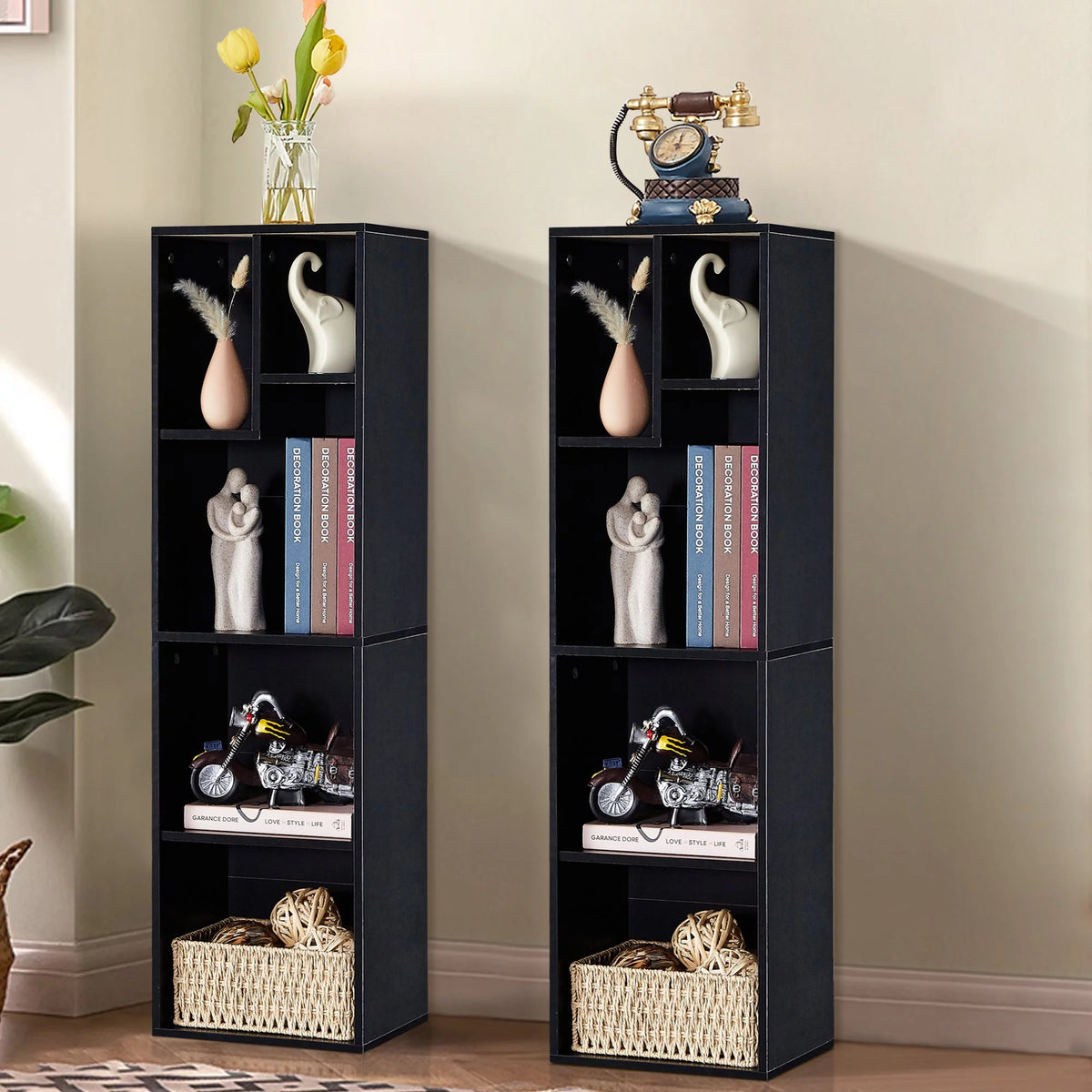 Black 3-Tier Wood Bookcase Set of 2 A99567