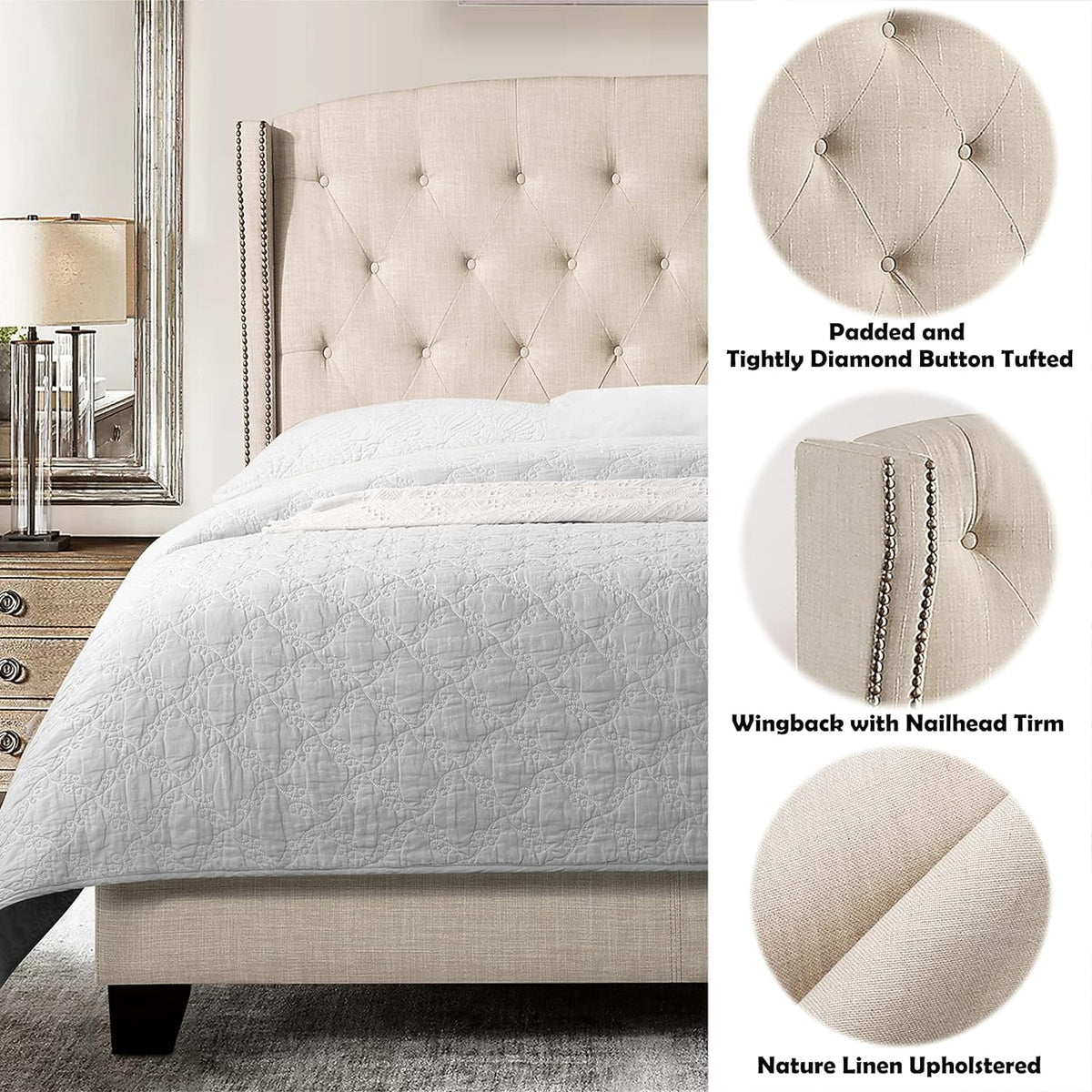 Beige Upholstered Platform Bed Frame with Wingback Headboard Q72118