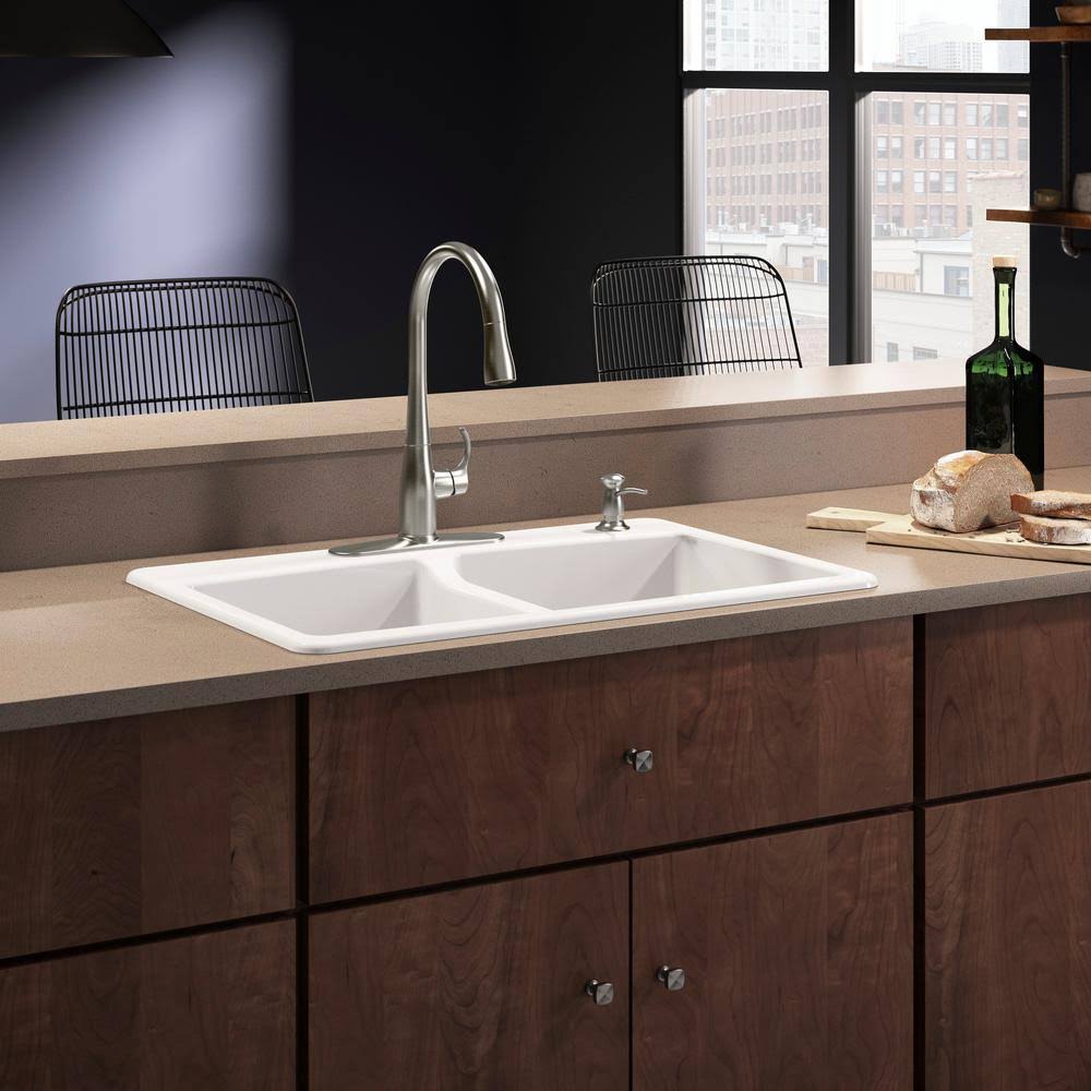 Cast-Iron Double Bowl Kitchen Sink with Faucet in White W7360