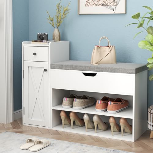 2-Tier Shoe Storage Bench with Sliding Barn Door Storage Cabinets & Removable Seat Cushion J111
