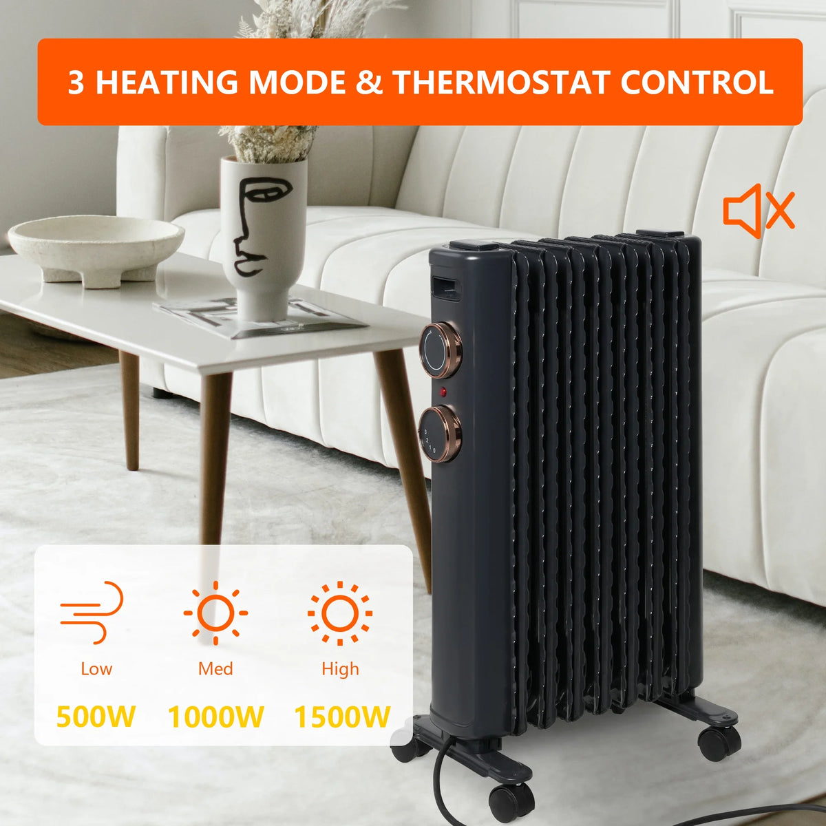 Oil Filled Radiator Heater with 3 Heating Modes, Adjustable Thermostat, Universal Wheels, Black&Gray B697