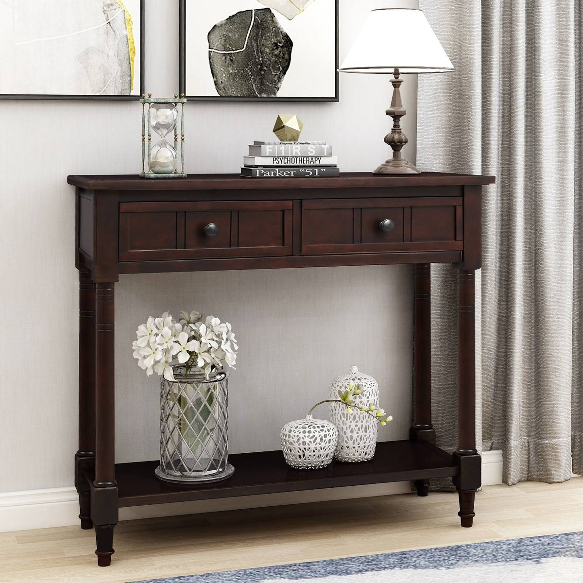 Espresso Two Drawer Console Table with Bottom Shelf R12589