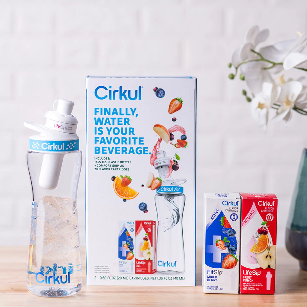 22oz Plastic Water Bottle Starter Kit with Blue Lid and 2 Flavor Cartridges P189877