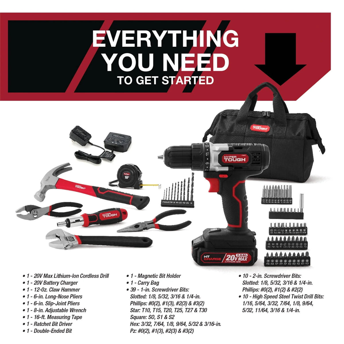 3/8 inch Cordless Drill and 70-Piece Home Tool Set E747