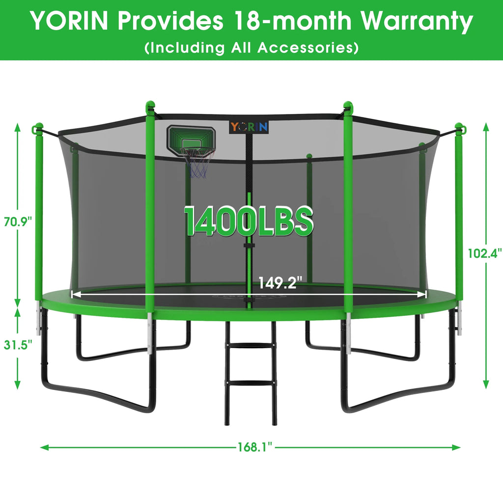 12FT 14FT 15FT Trampoline with Safety Enclosure Net, Basketball Hoop and Ladder C370111