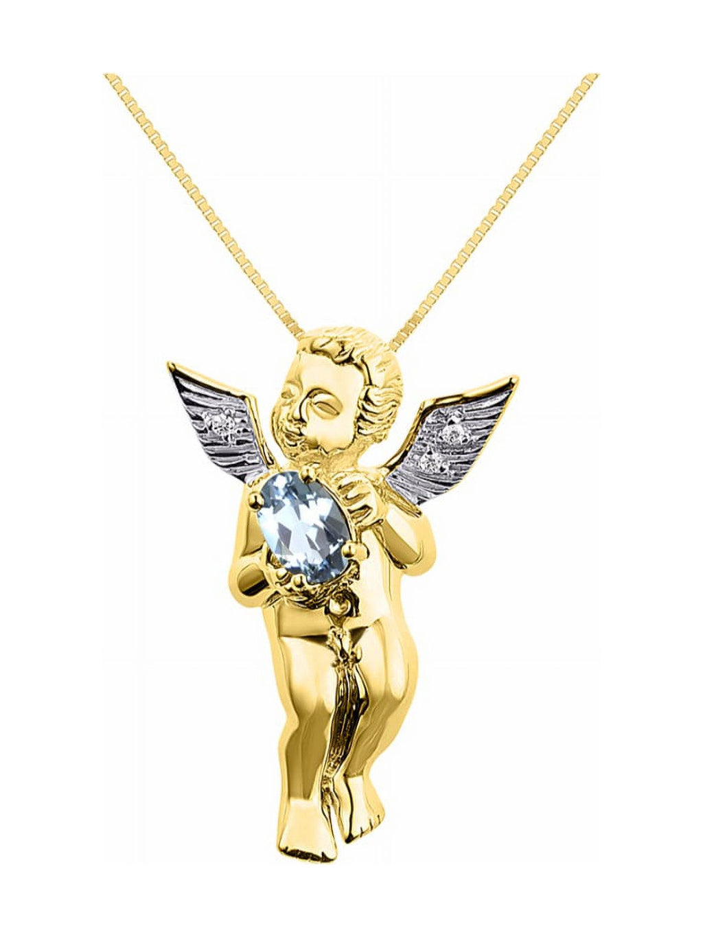 Yellow Gold Plated Silver Hugs & Kisses Angel Necklace, Tennis Bracelet, & Ring Adjustable 7"-8" Wrist & 18" Chain Aquamarine Birthstone Jewelry F58828