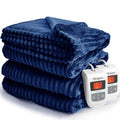 Navy Blue Queen Size Striped Electric Fleece Blanket with 6 Heat Levels and Auto-Off D60556