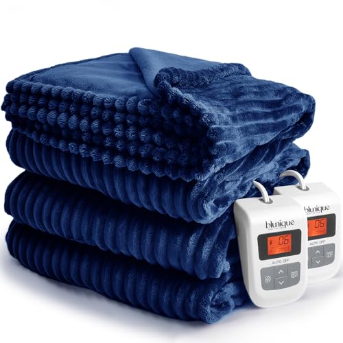 Navy Blue Queen Size Striped Electric Fleece Blanket with 6 Heat Levels and Auto-Off D60556