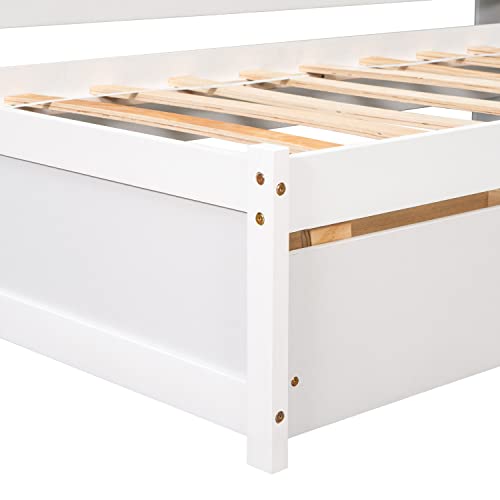 Grey Full Size Wooden Platform Bed with Two Storage Drawers and L-Shaped Bookcase Y890