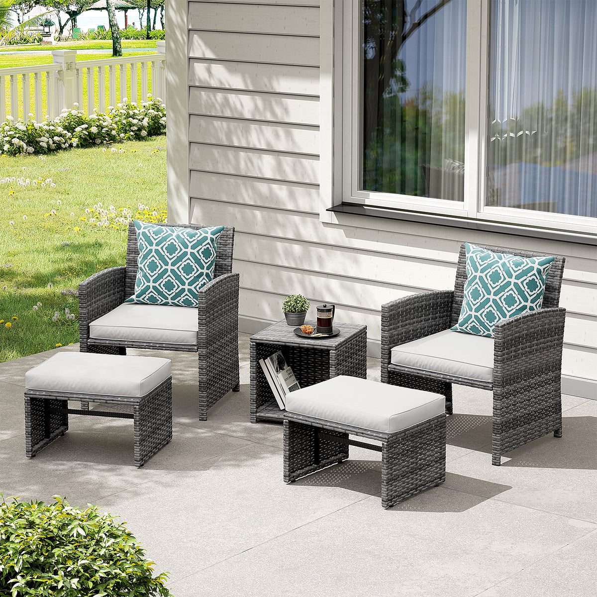 Patio Chairs Chat Set with Ottoman Coffee Table and Pillows R345278