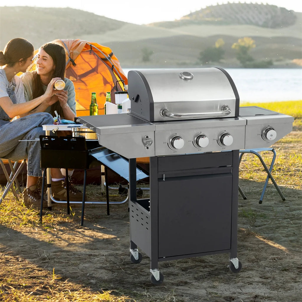 3 Burner Propane Gas Grill with Side Burner, Stainless Steel, Black D676