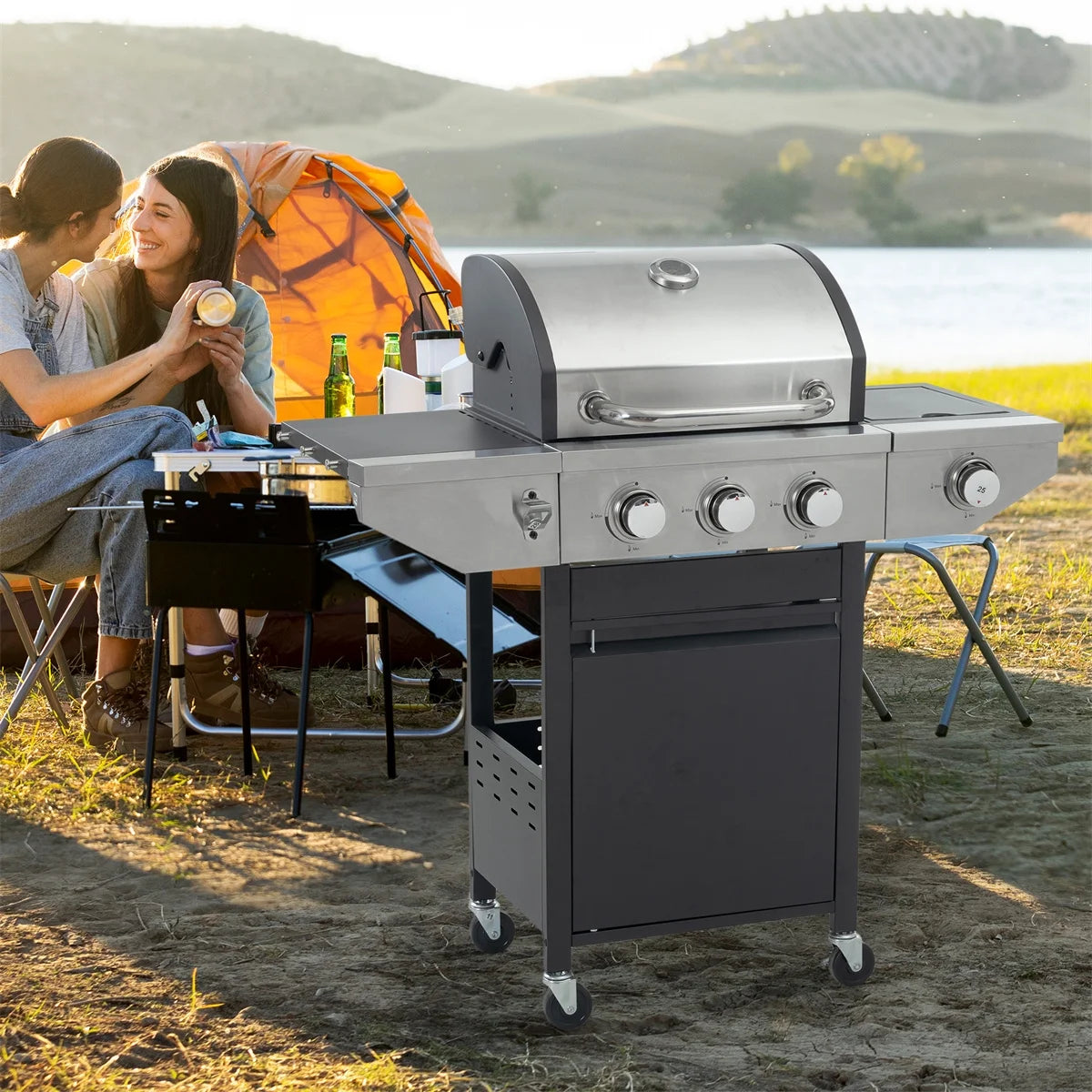 3 Burner Propane Gas Grill with Side Burner, Stainless Steel, Black D676