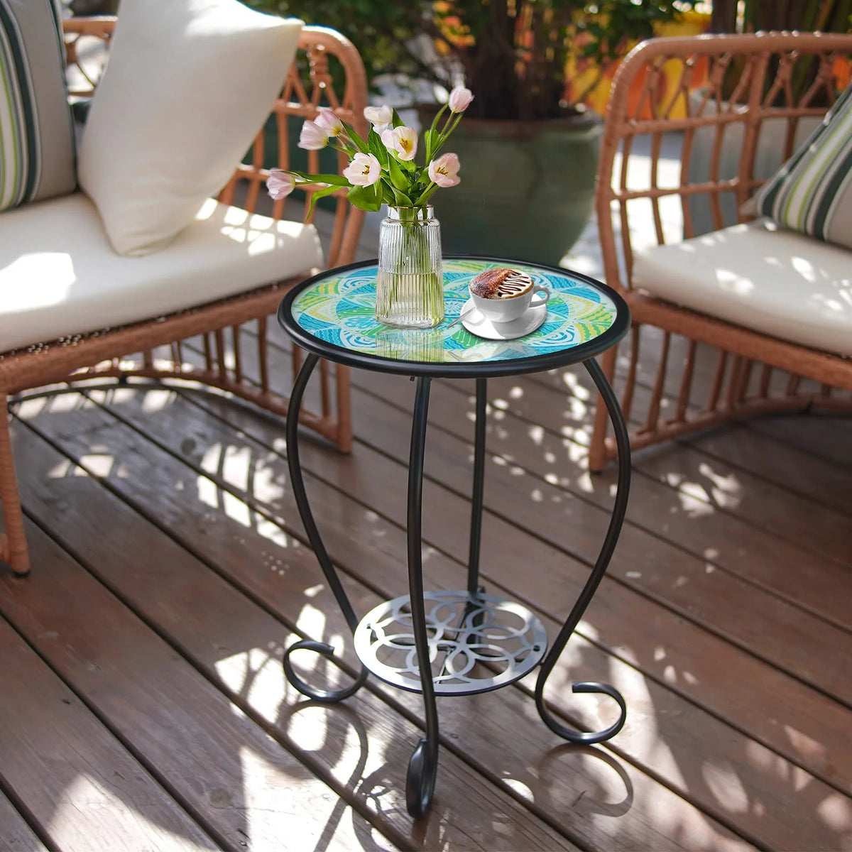 Two Tier Green Mosaic Outdoor Side Table N60466