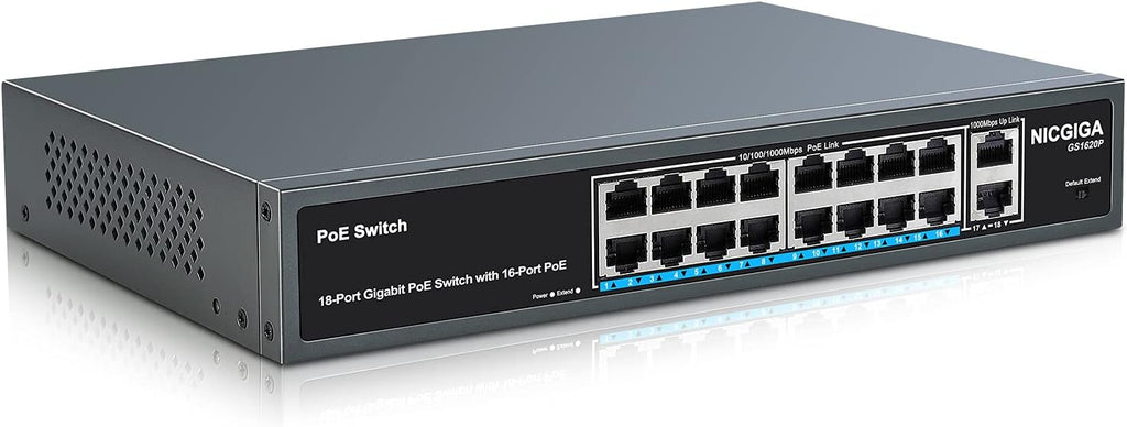 18 Port Gigabit PoE Switch with 16 Ports 1000Mbps PoE+@250W, 2 Gigabit Uplink Ports, VLAN Mode, Metal Case, Desktop/Rack Mount, Unmanaged V133