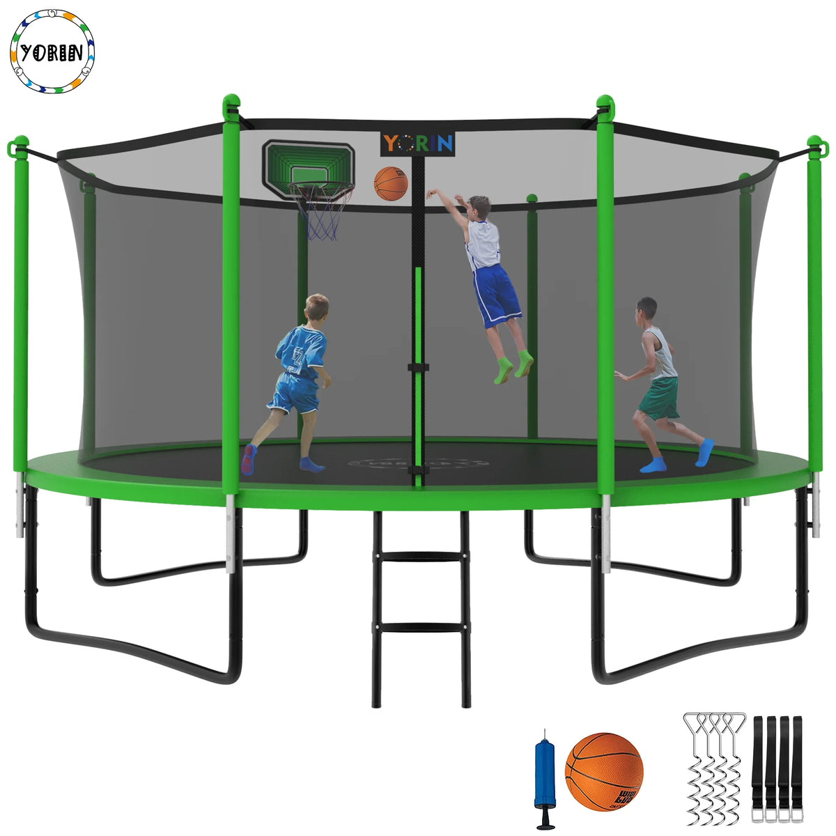 12FT 14FT 15FT Trampoline with Safety Enclosure Net, Basketball Hoop and Ladder C370111