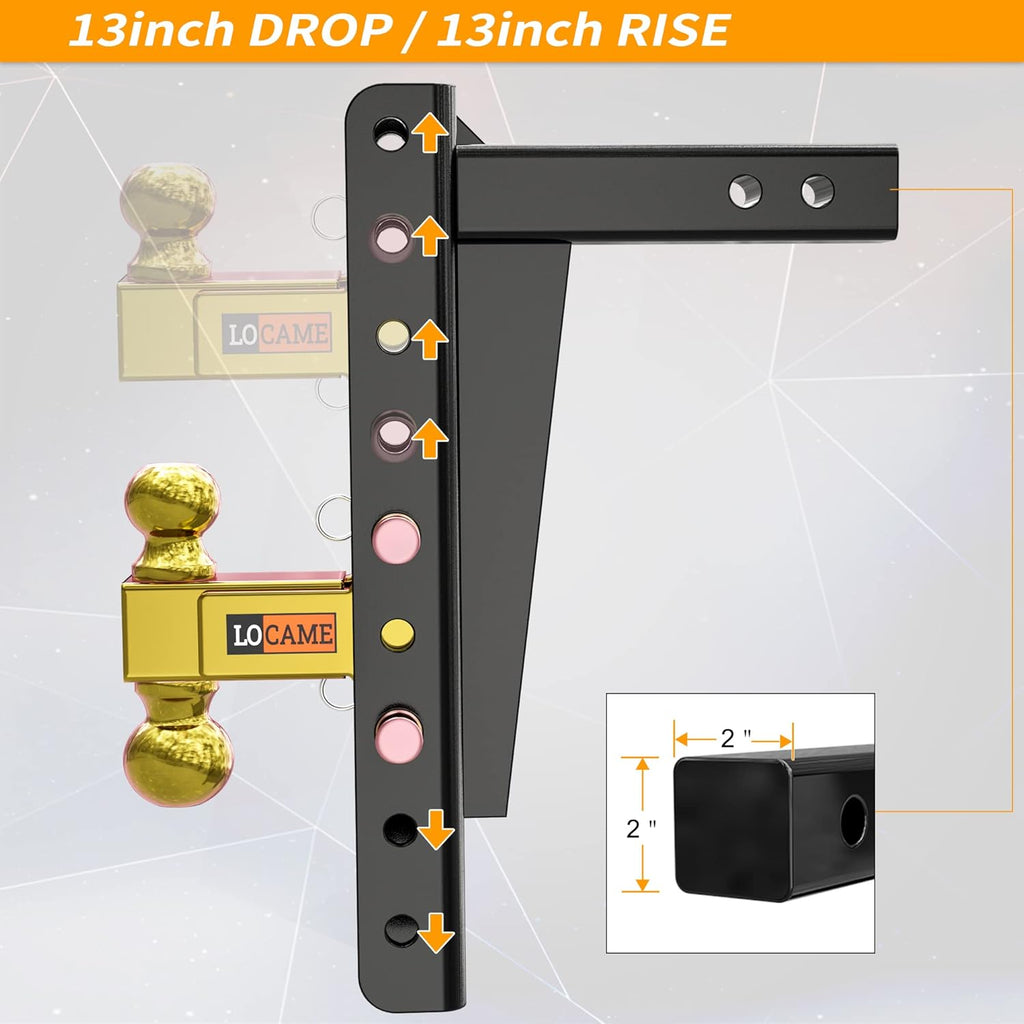 Adjustable Trailer Hitch, 2-Inch Receiver, 13-Inch Drop/Rise, 21000 LBS GTW, Double Pins, Solid Ball Mount Z678