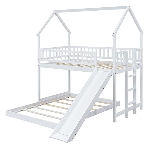 Twin Over Twin Solid Wood House Bunk Bed with Trundle and Slide L381862
