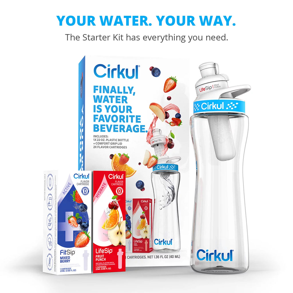22oz Plastic Water Bottle Starter Kit with Blue Lid and 2 Flavor Cartridges P189877