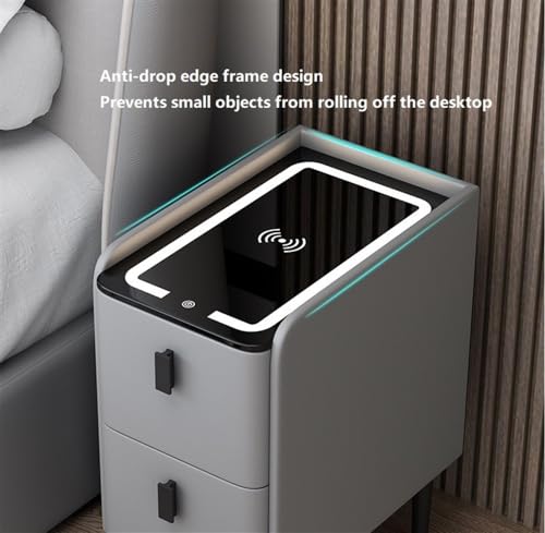White Narrow Side Table with 2 Drawers and LED Light E268