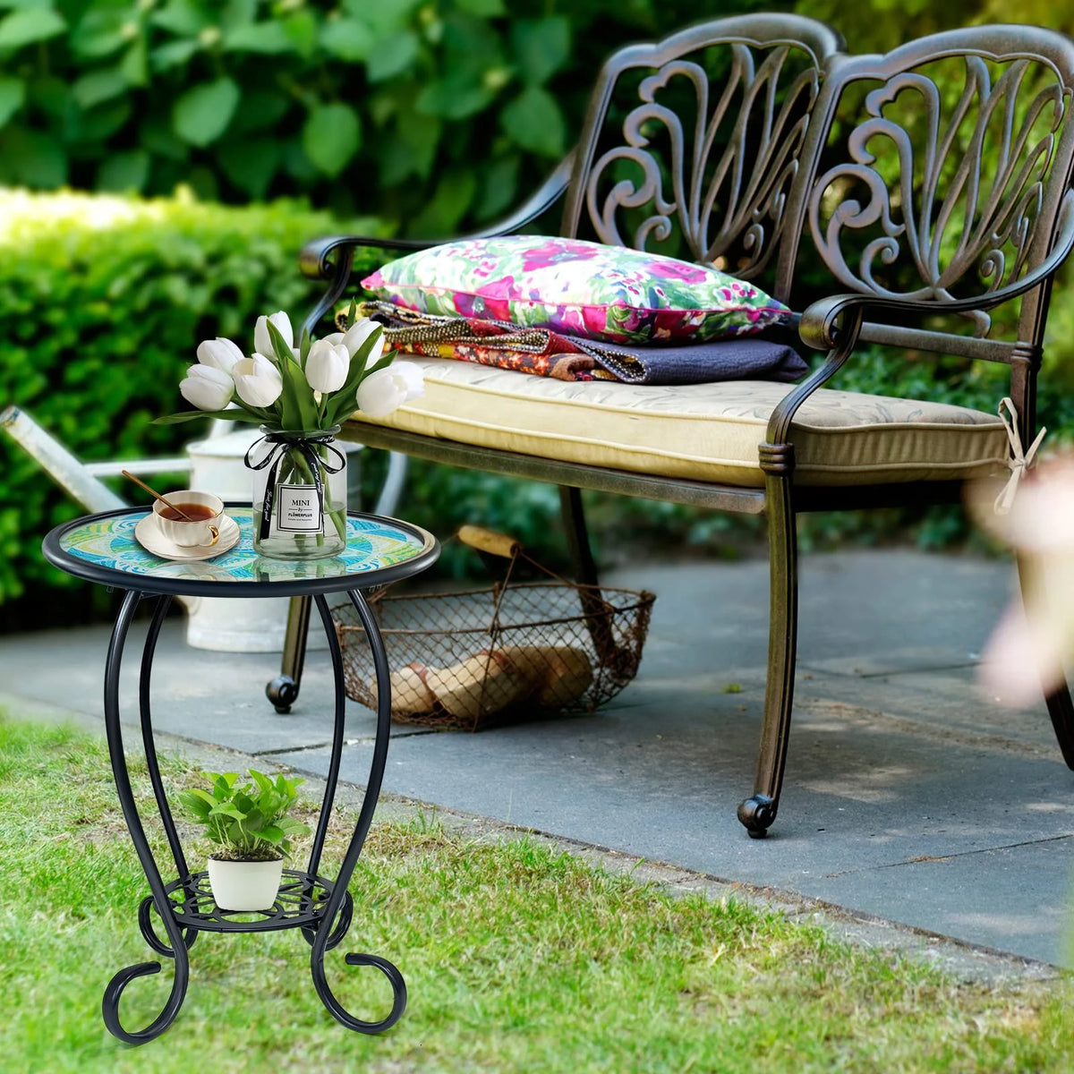 Two Tier Green Mosaic Outdoor Side Table N60466
