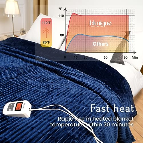 Navy Blue Queen Size Striped Electric Fleece Blanket with 6 Heat Levels and Auto-Off D60556