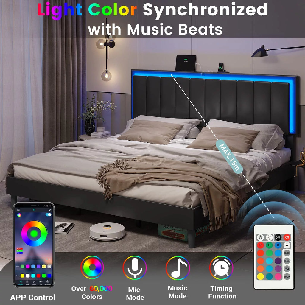 King Leather Upholstered Platform Bed with Charging Station and LED Lights G791891