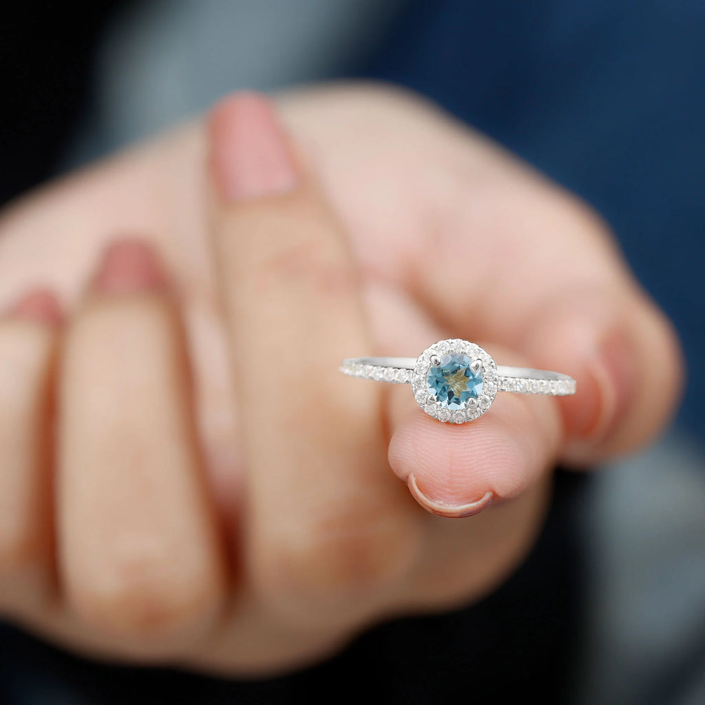 10K White Gold Aquamarine Ring with Diamond Halo C390