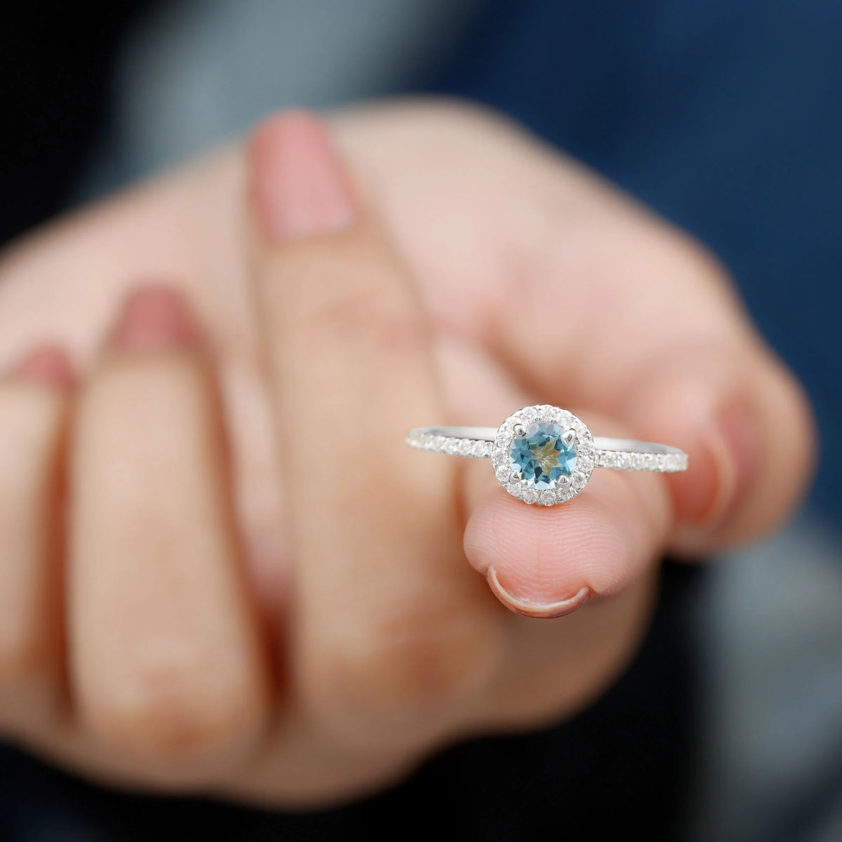 10K White Gold Aquamarine Ring with Diamond Halo C390