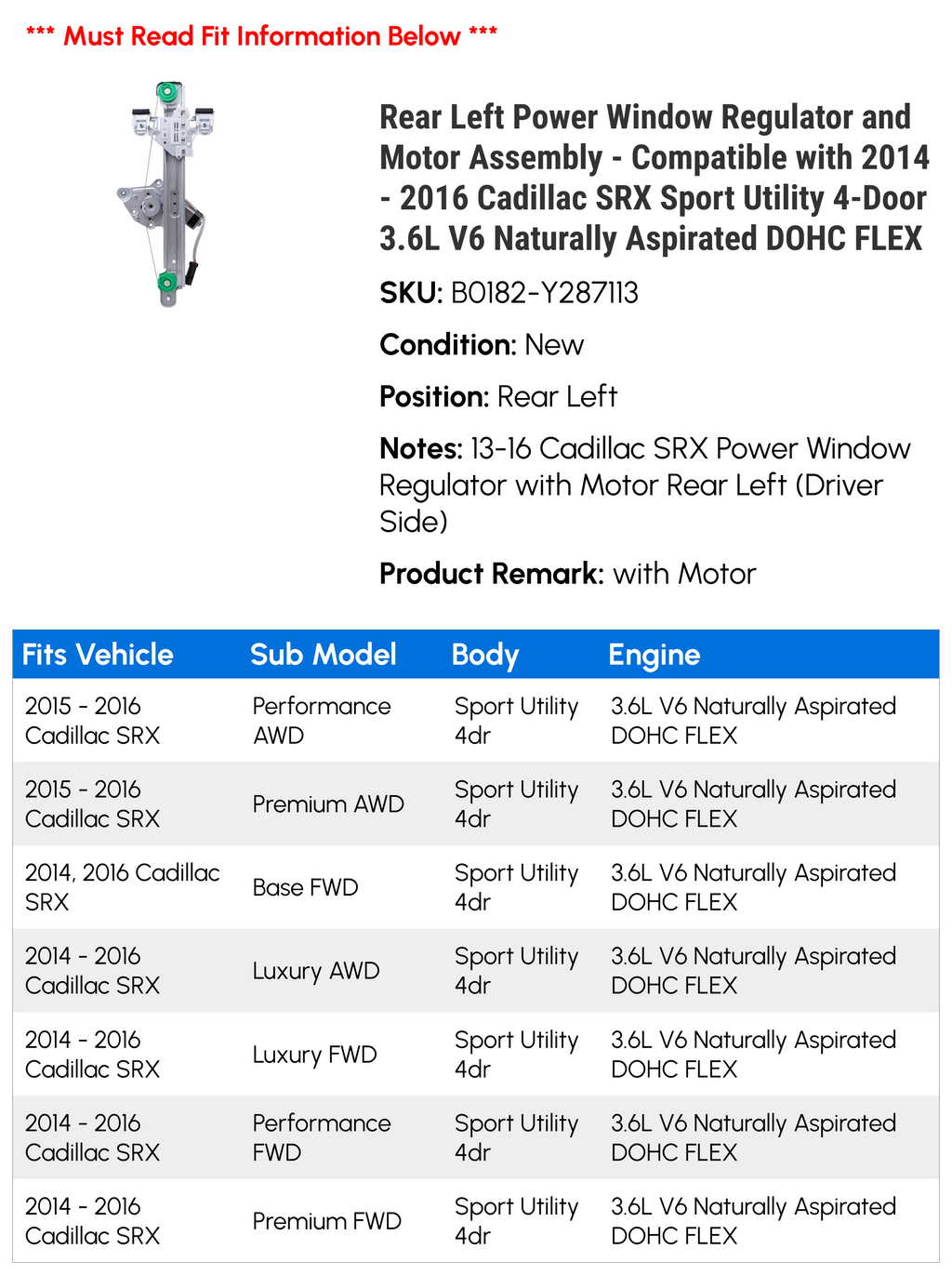 Rear Left Power Window Regulator and Motor Assembly P7773