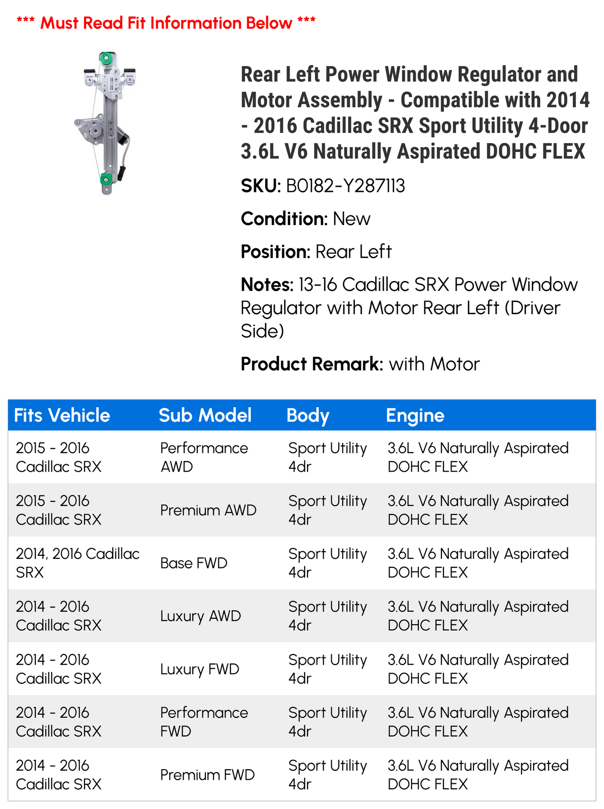 Rear Left Power Window Regulator and Motor Assembly P7773
