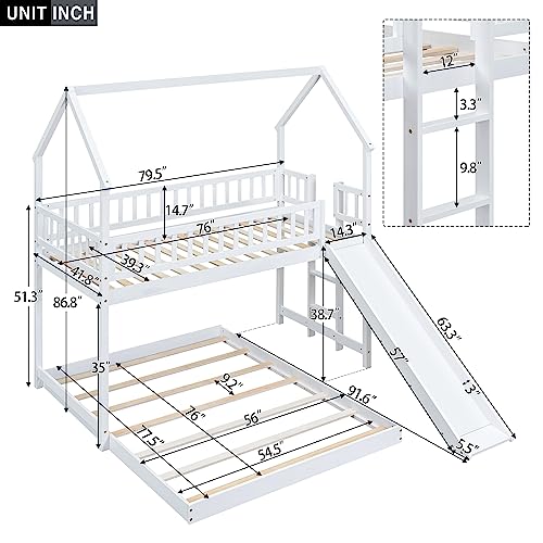 Twin Over Twin Solid Wood House Bunk Bed with Trundle and Slide L381862